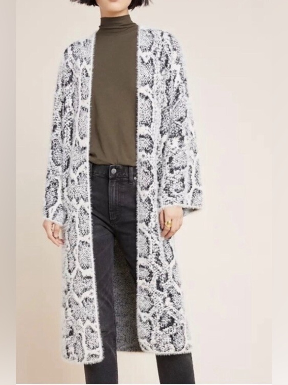 Coco + Carmen Black and Cream Open-Front Snake Print Sweater Cardigan Size L/XL